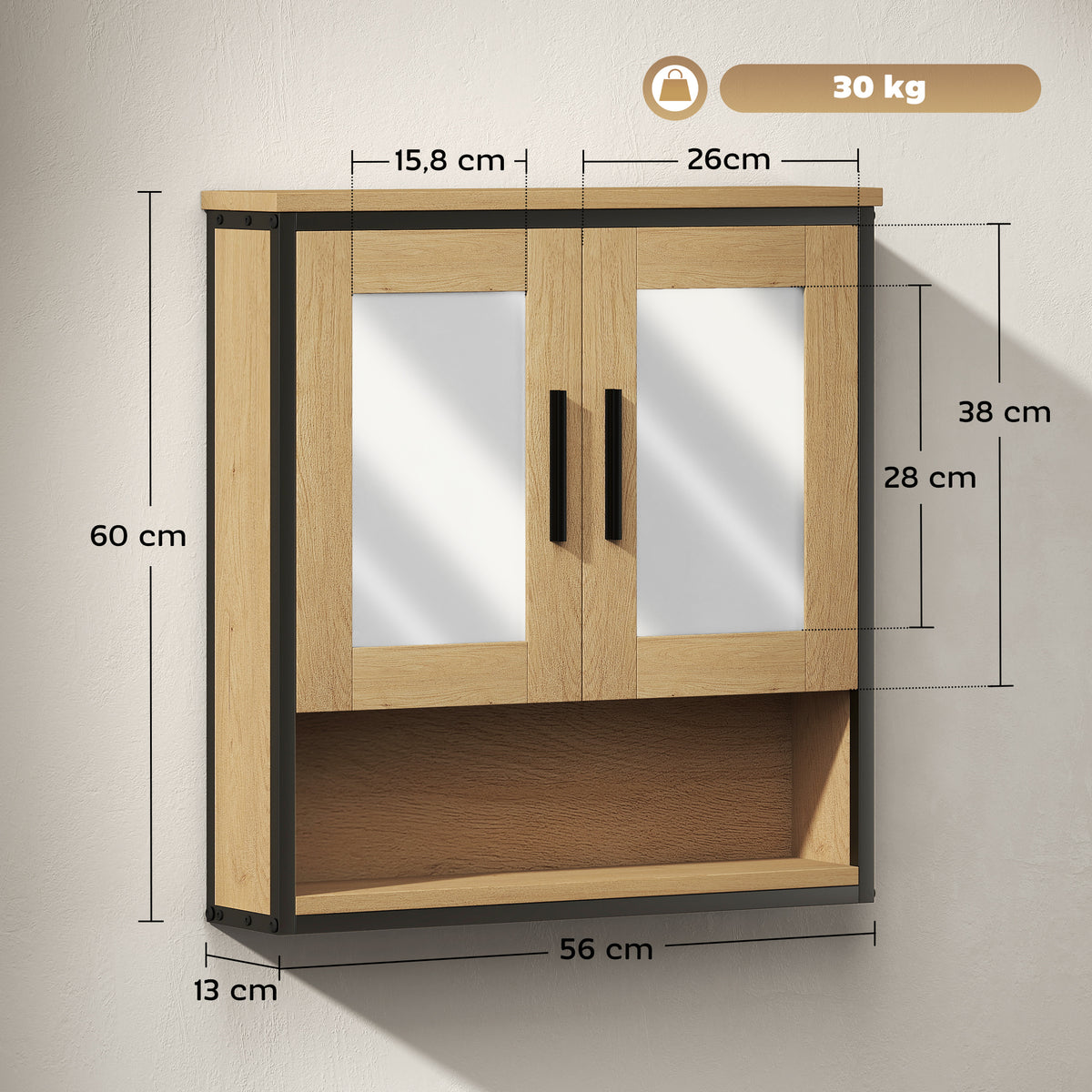 HOMCOM Wandspiegelschrank Badezimmer mit Miroir, Badezimmerschrank mit offenem Fach und verstellbarem Regal, Eiche