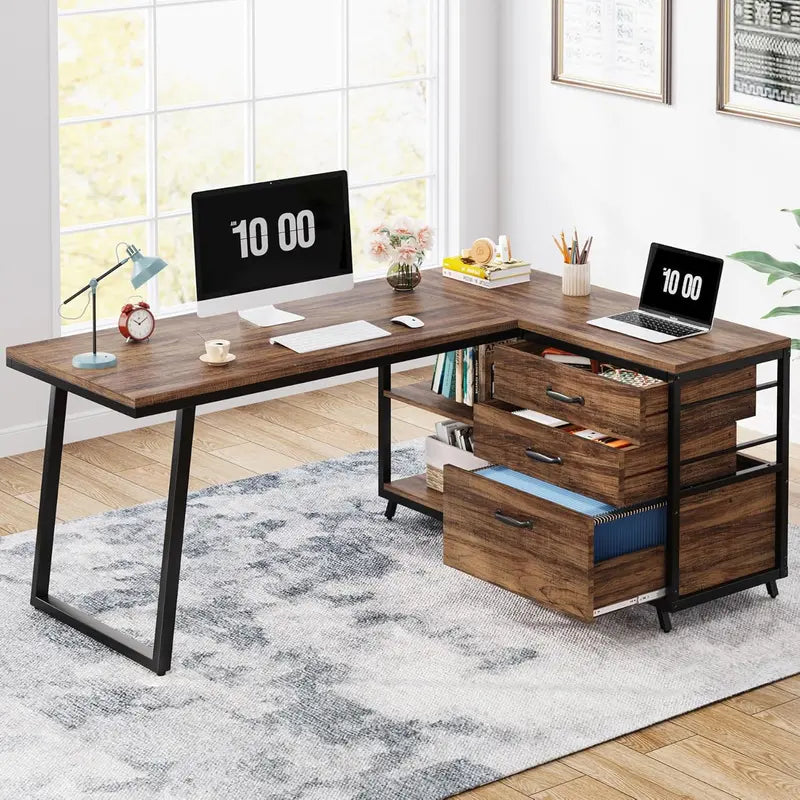 Reversible L-Shaped Industrial Computer Desk – 53-Inch Rustic Brown Home Office Workstation with 3 Drawers and Open Shelving