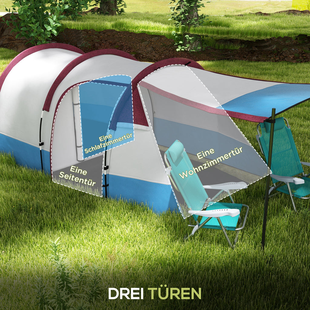 Outsunny Campingzelt, für 3 Personen, Laternenhaken, drei Eingänge, wasserdicht, Rot