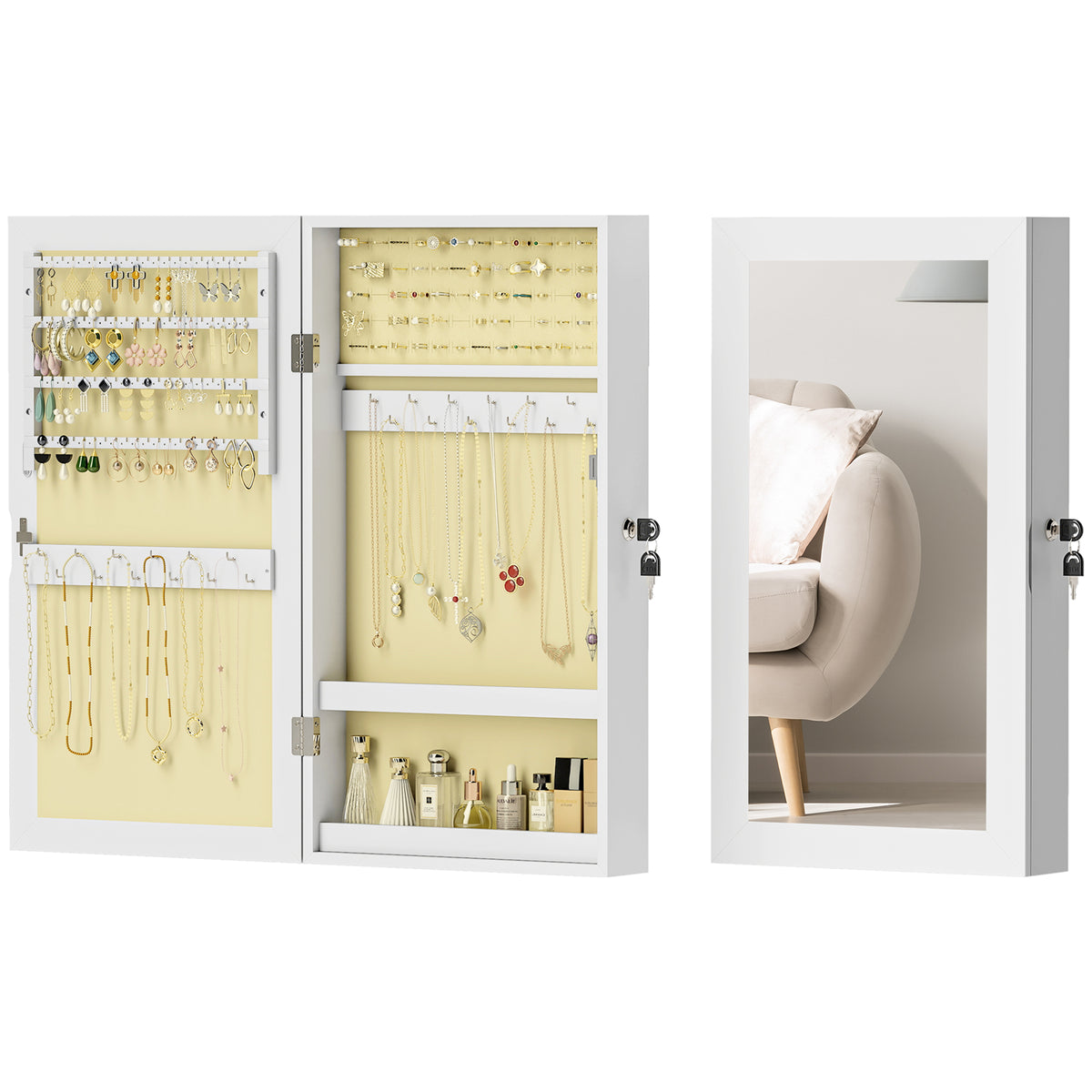 HOMCOM Schmuckschrank mit Spiegel und Wanddesign, aus Holz, 36,5x9,5x67 cm, Weiß