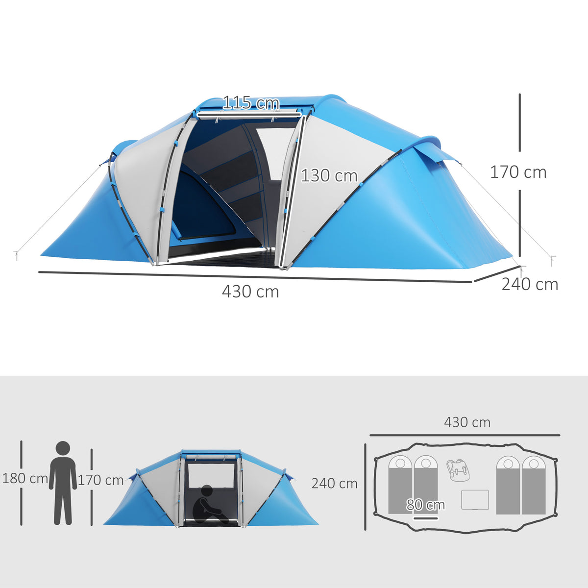 Outsunny Campingzelt für 4-6 Personen leicht, stabil wasserdicht Familienzelt mit Eingang Bodenplane, Zelt mit 2000mm Wassersäule Tunnelzelt Kuppelzelt für Camping Reise Trekking Garten, Blau