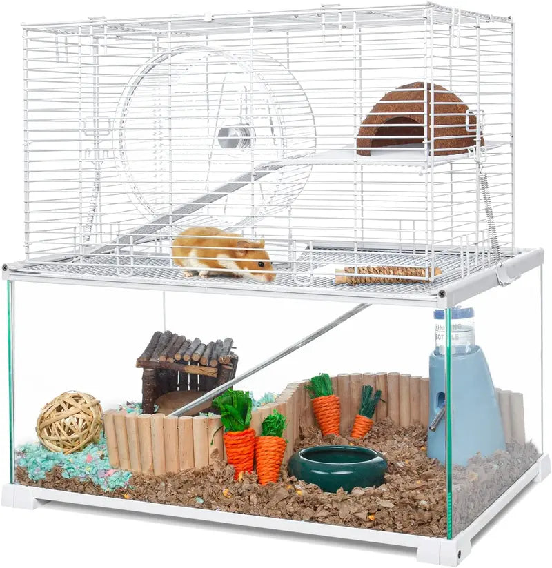 Large 3-Tier Hamster Habitat – Glass Base with Wire Topper, Ramps, Ladders & Waterproof Tray