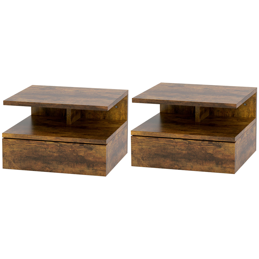 HOMCOM Set mit 2 Schwebende Nachttische für Schlafzimmer mit Schublade und Oberregal aus Holz 35x32x22.5cm, Rustikales Braun
