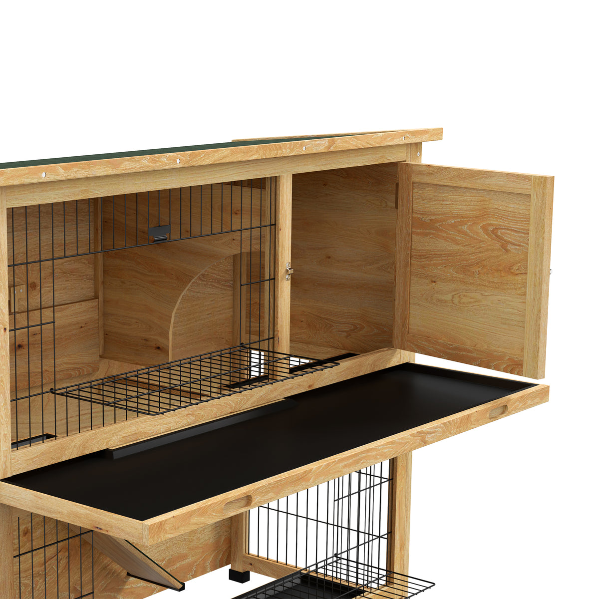PawHut Kaninchenstall aus Holz 2 Etagen mit 3 Türen herausziehbarem Tablett Rampe Bitumendach 120 x 50 x 102 cm gelb
