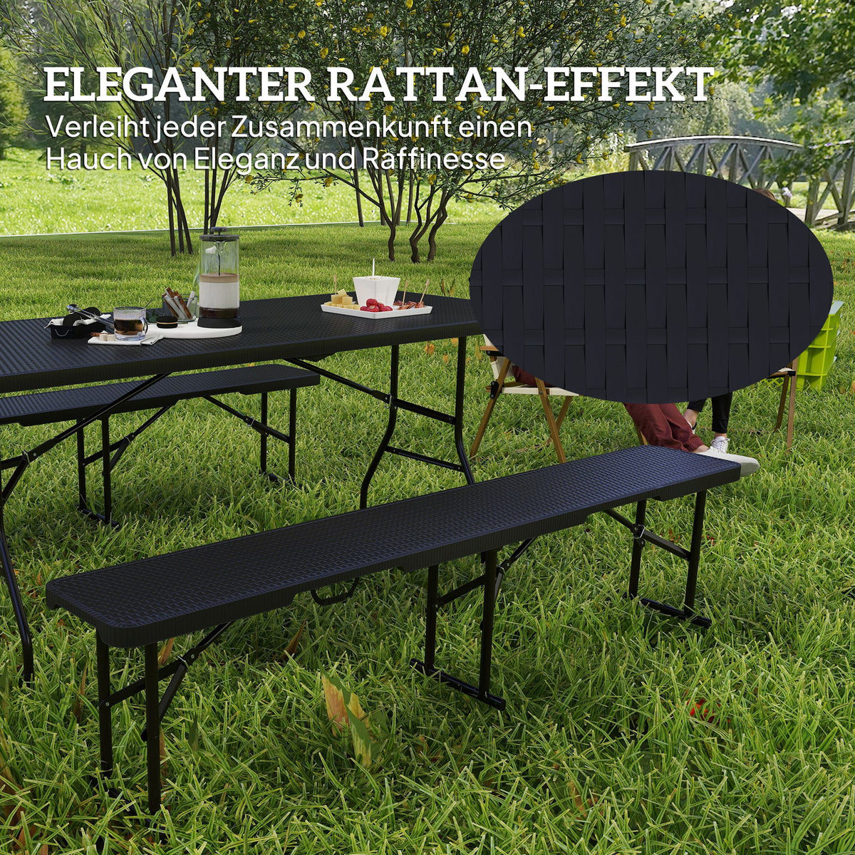 Outsunny Picknicktisch und Bänke, 3-teiliges Set, faltbar, Kunststoff, Metall, Schwarz