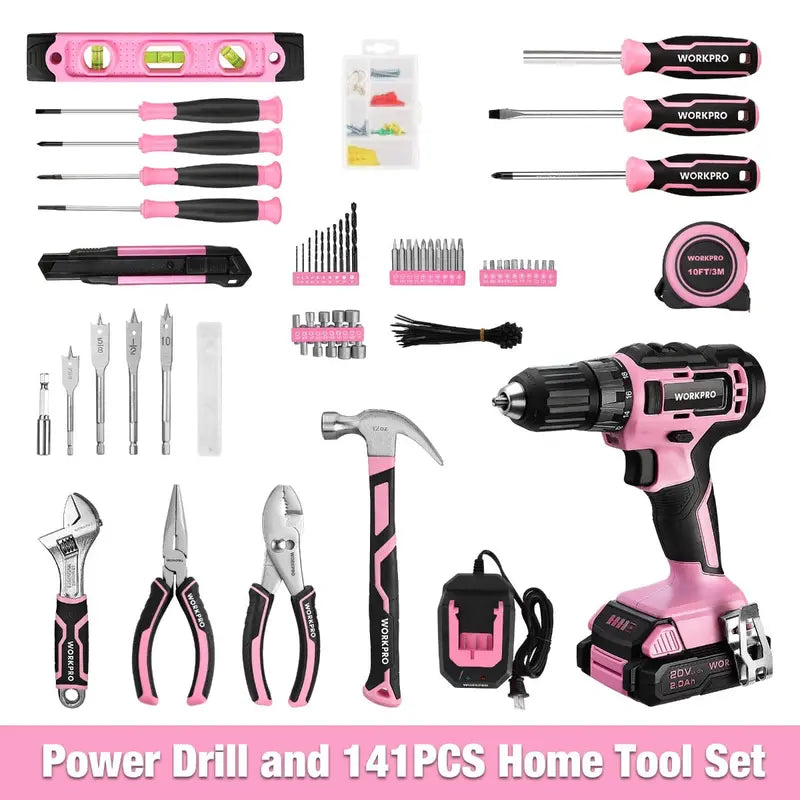 WORKPRO 20V Pink Cordless Drill Driver + 141-Piece Home Tool Kit – Pink Ribbon Bundle