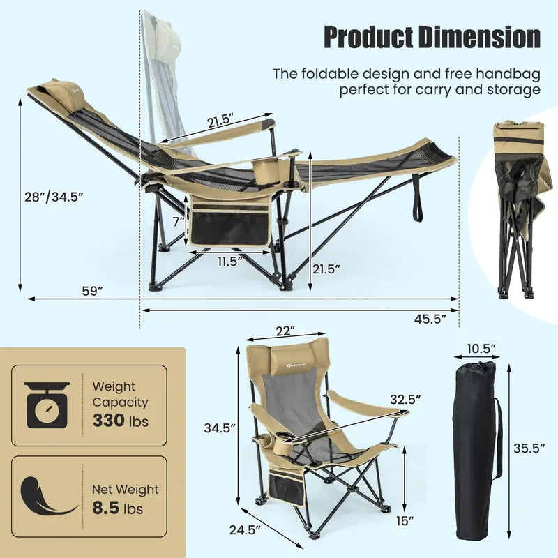 Reclining Camping Lounge Chair with Adjustable Backrest & Integrated Footrest for Outdoor Comfort