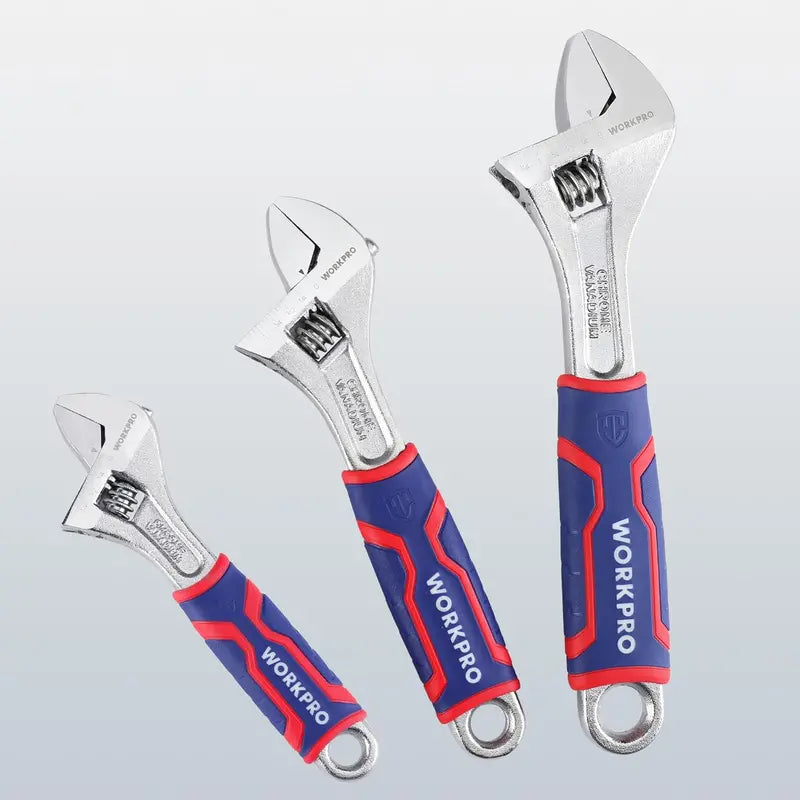 WORKPRO Triple-Size Adjustable Wrench Set — Chrome-Plated Cr-V with Anti-Slip Grip and Dual Metric/SAE Scales