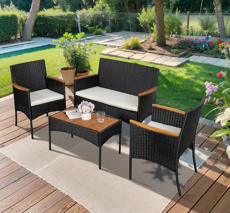 Shintenchi 4-Piece Wicker Patio Set – Outdoor Conversation Furniture with Wooden Table & White Cushions
