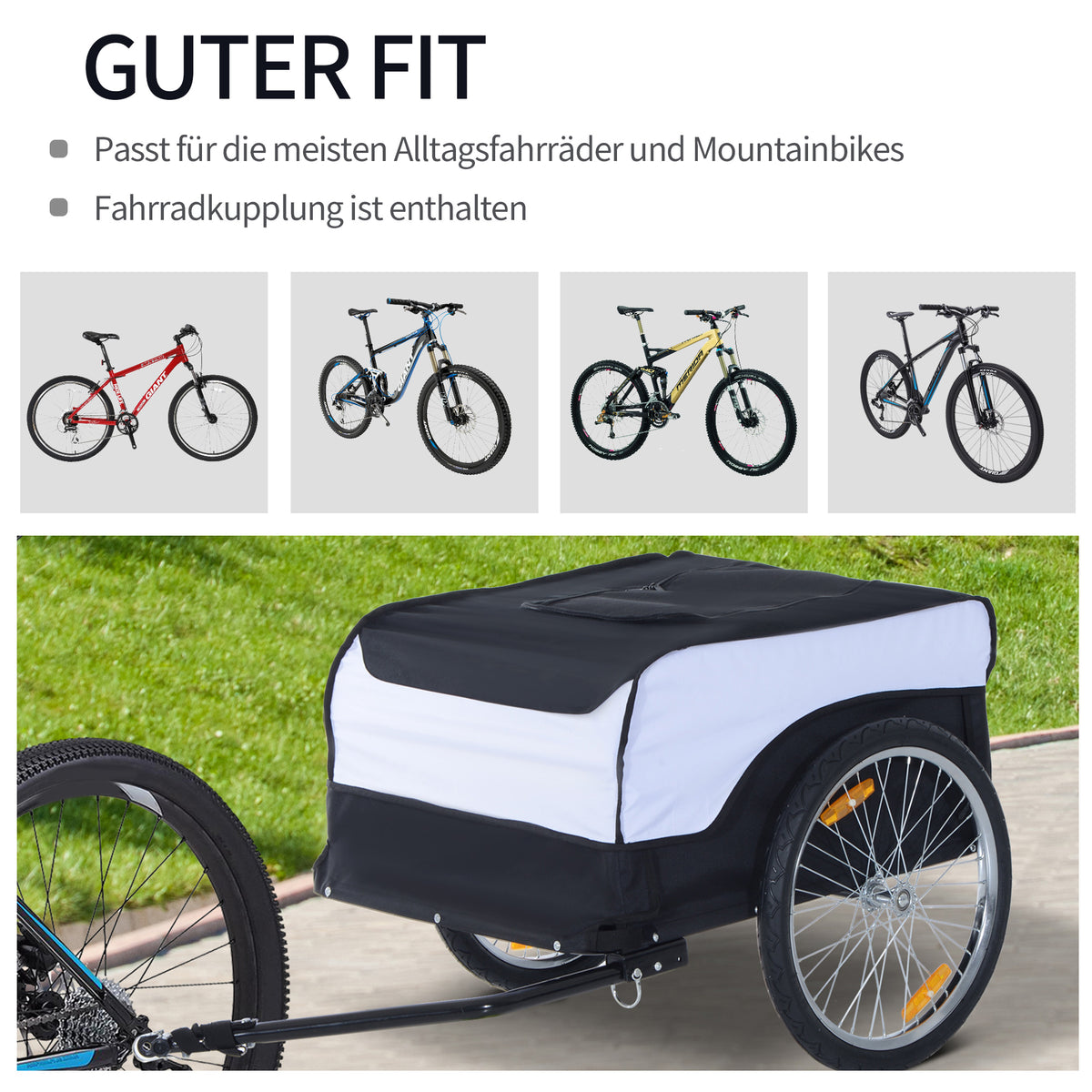 HOMCOM Fahrradanhänger Lastenanhänger Belastbarkeit max. 40 kg Transportanhänger Handwagen Lasten-Fahrradanhänger Weiß+Schwarz Stahl Oxford 140 x 77 x 65 cm