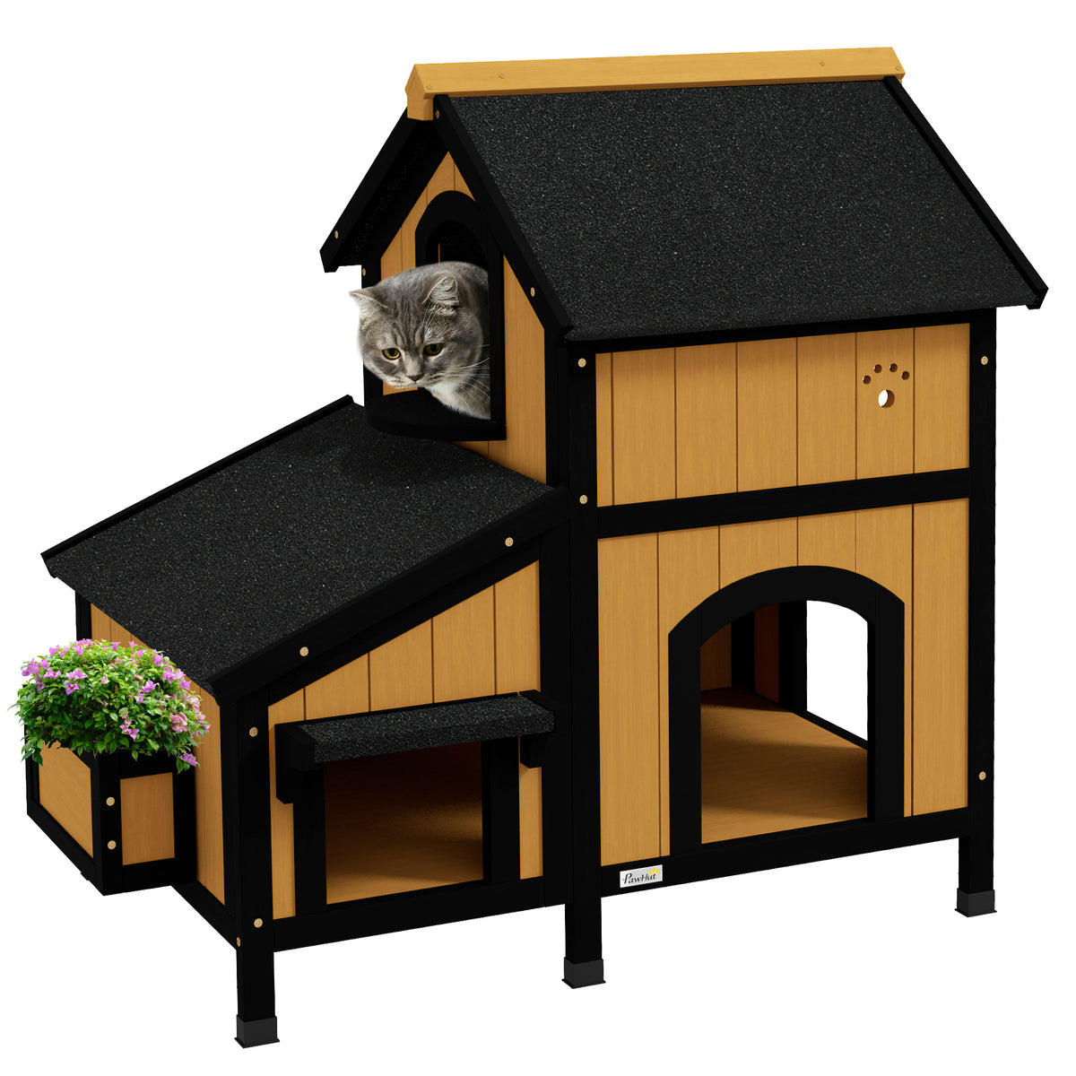 PawHut Katzenhaus Katzenhütte Katzenhöhle, inkl. Blumenkasten, 96 cm x 65 cm x 85,5 cm, Gelb + Weiß + Schwarz