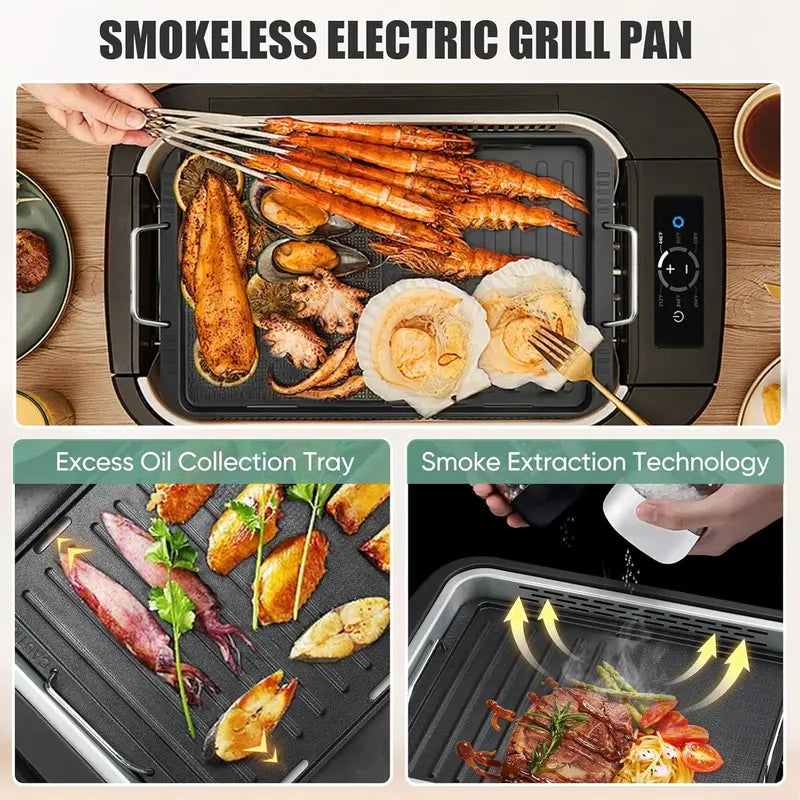 Smokeless Indoor Grill with Dual-Zone Cooking: LED Smart Display, 6-Temp Settings, Non-Stick Removable Plates, and Dishwasher-Safe Components