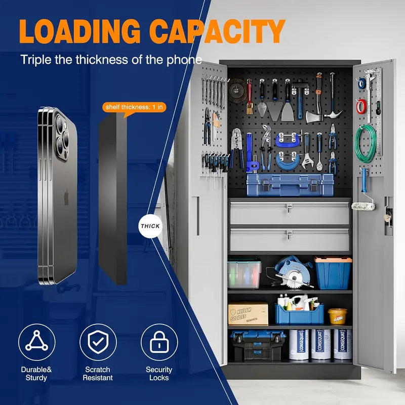 Yizosh Heavy-Gauge Locking Garage Cabinet – 71-Inch Steel Tool Storage with Pegboard, Two Drawers, and Reinforced Doors