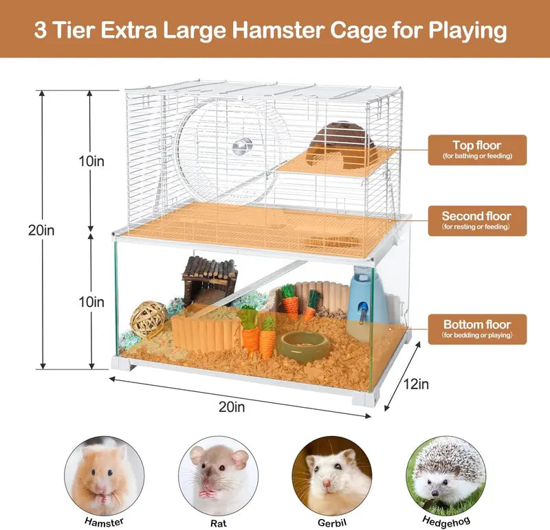 Large 3-Tier Hamster Habitat – Glass Base with Wire Topper, Ramps, Ladders & Waterproof Tray