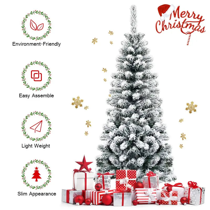 Snowy Slim Artificial Christmas Tree – Weather-Resistant Flocked Xmas Tree for Indoor & Outdoor Use