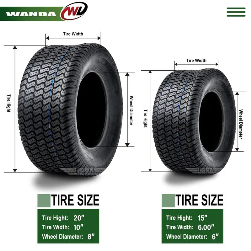 WANDA Lawn Mower Turf Tires Set of 4 – 15×6-6 Front & 20×10-8 Rear, 4PR, P332 Pattern