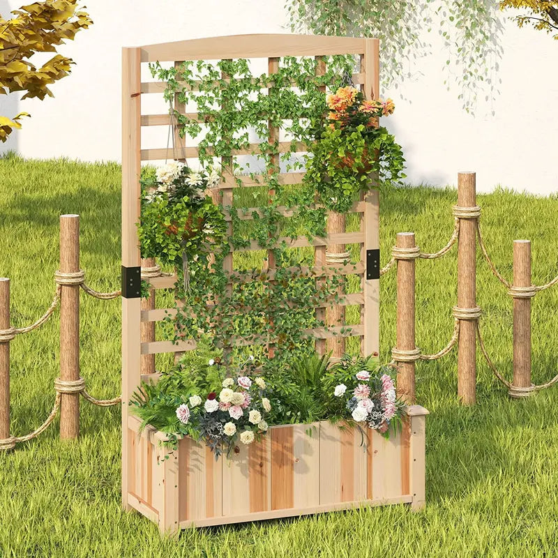 SogesPower Raised Garden Bed with Trellis, Wood Elevated Planter Box with Climbing Trellis, 60″ Tall Freestanding Planter Box for Vine Climbing Plants