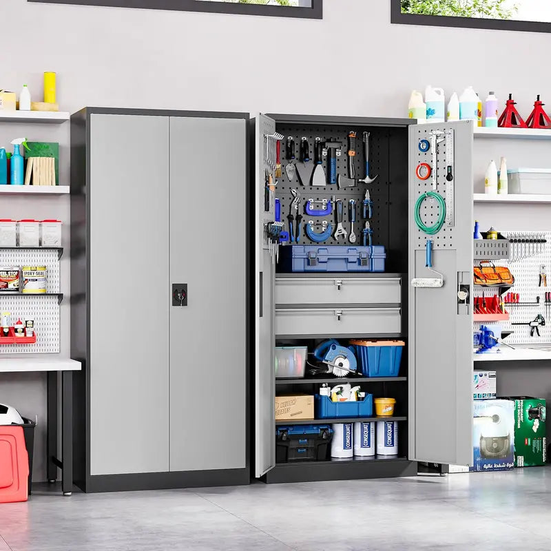 Yizosh Heavy-Gauge Locking Garage Cabinet – 71-Inch Steel Tool Storage with Pegboard, Two Drawers, and Reinforced Doors