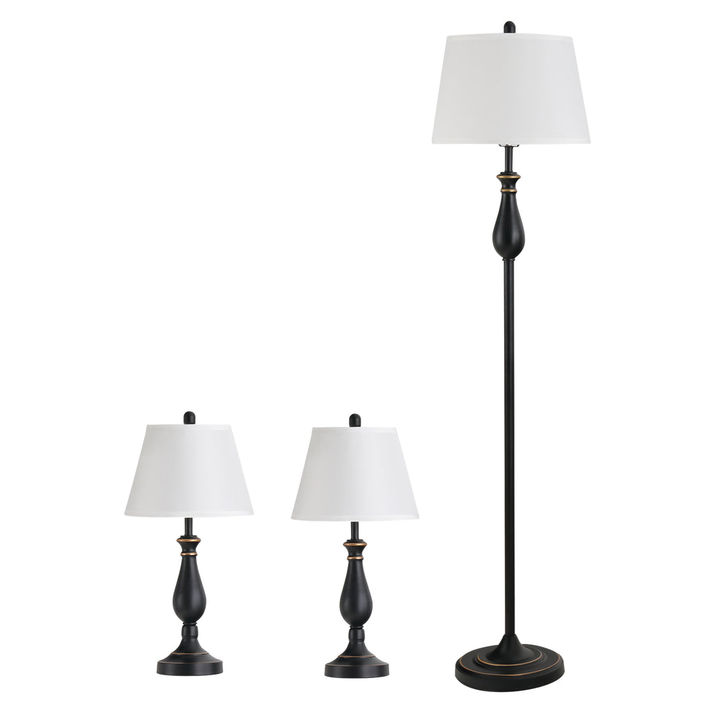 HOMCOM 3er-Lampenset 2 Tischlampe(ø30 x 62H cm) + 1 Stehlampe(ø38 x 158H cm)  Vintage, Schwarz+Weiß, Metall, PS, Polyester, Baumwolle E27 Lampensockel