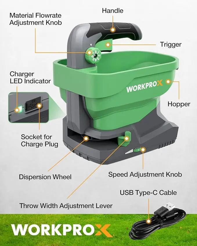 WORKPROX 7.2V Handheld Seed and Fertilizer Spreader – Rechargeable Broadcast Applicator for Lawns and Gardens