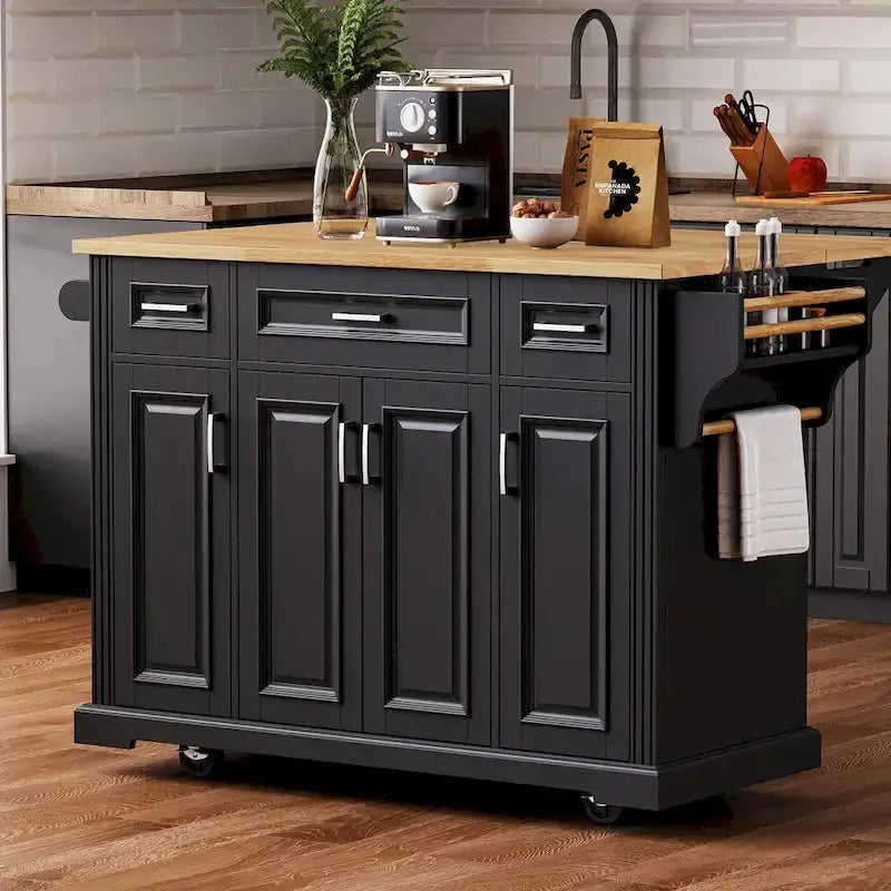 Rolling Kitchen Island Cart – 54″ Rubberwood Drop-Leaf Design with Doors & Drawers