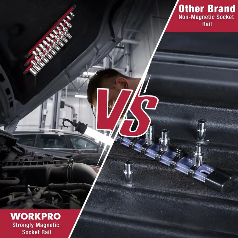 WORKPRO Aluminum Magnetic Socket Organizer – 3-Piece Set for 1/4″, 3/8″, and 1/2″ Sockets