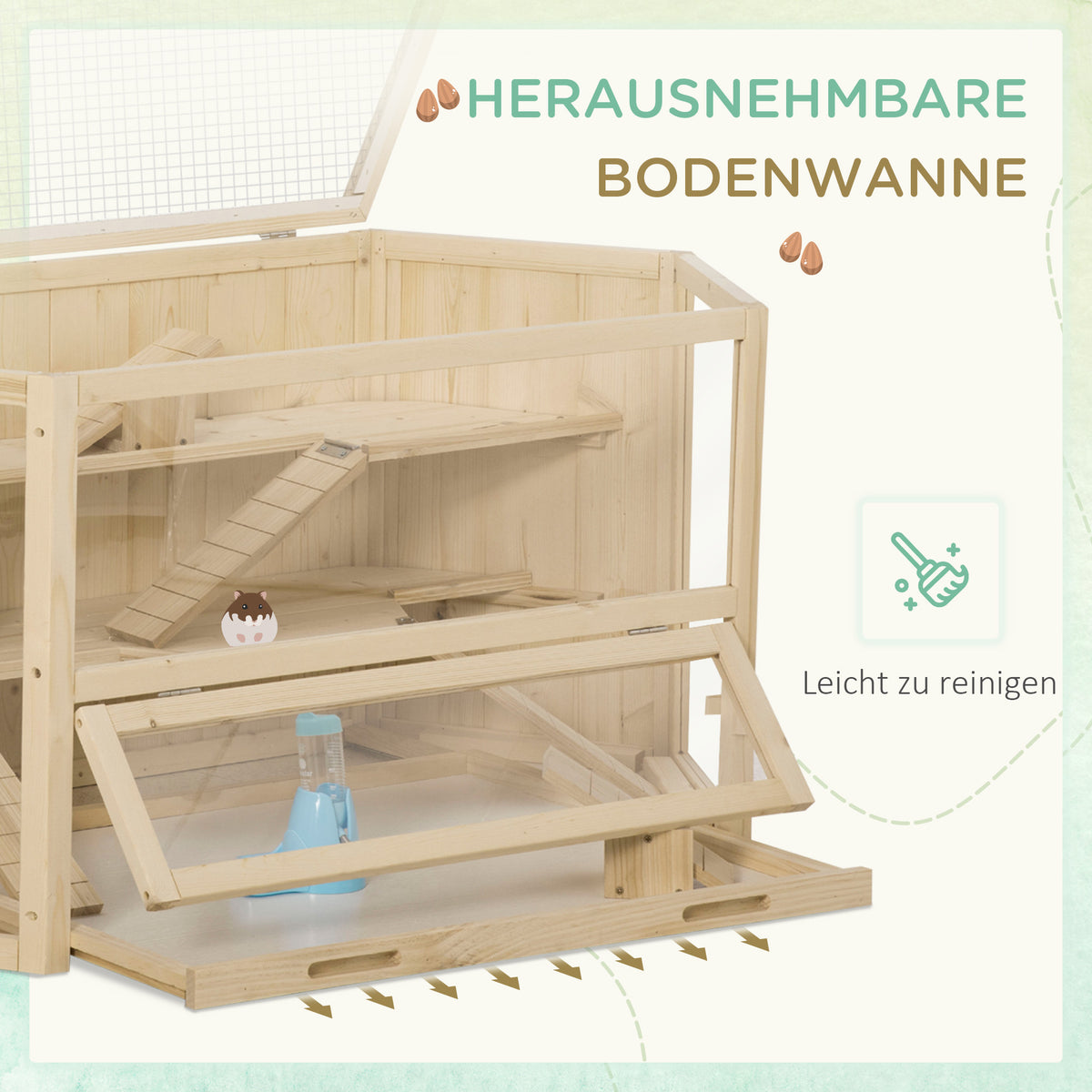 PawHut Kleintierkäfig, Nagerkäfig, Nagerheim mit  1 Rampe, 1 Wippe, herausnehmbare Bodenwanne, Tannenholz, Natur