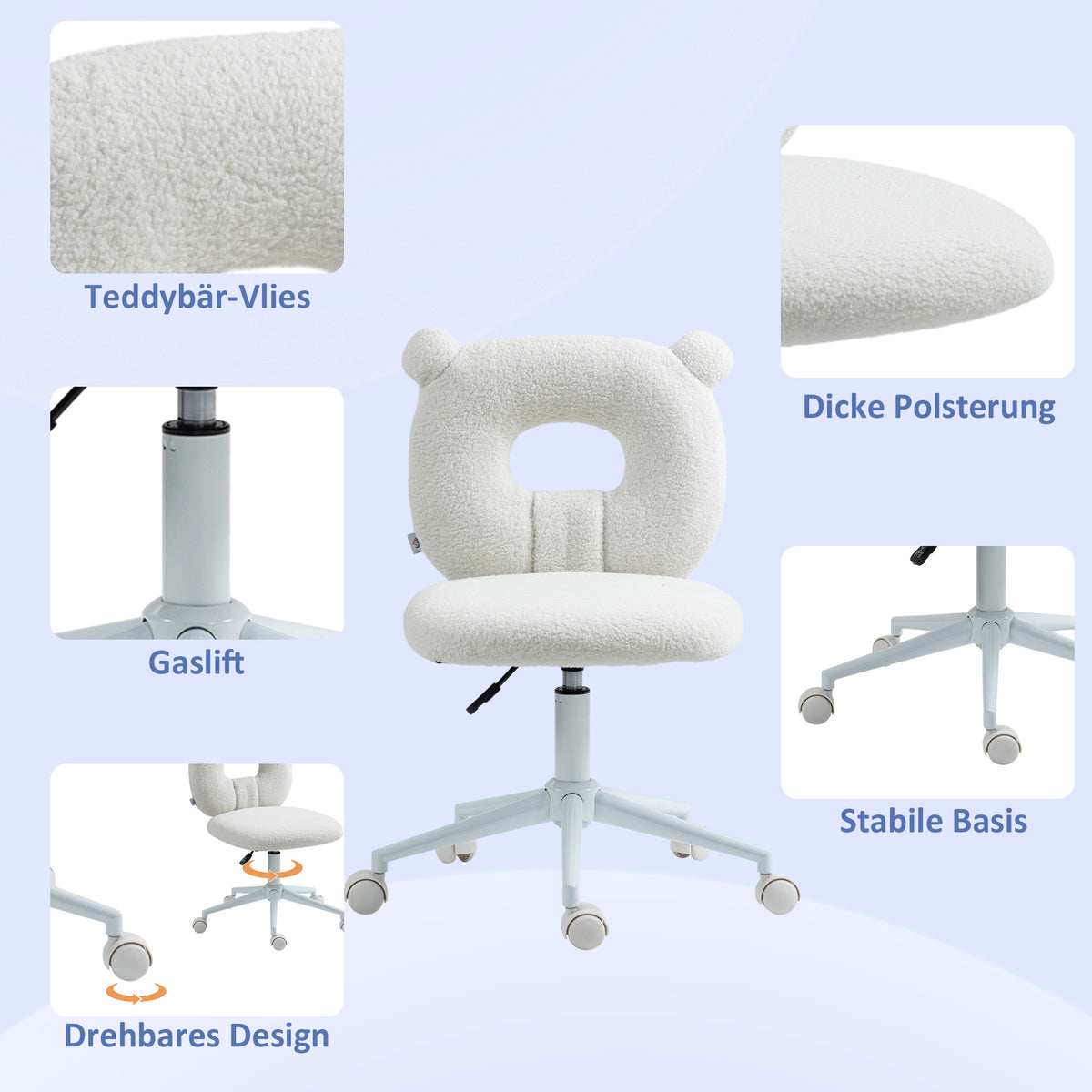 HOMCOM Bürostuhl Schreibtischstuhl, höhenverstellbar, Teddyfell, 50 cm x 56 cm x 90 cm, Weiß