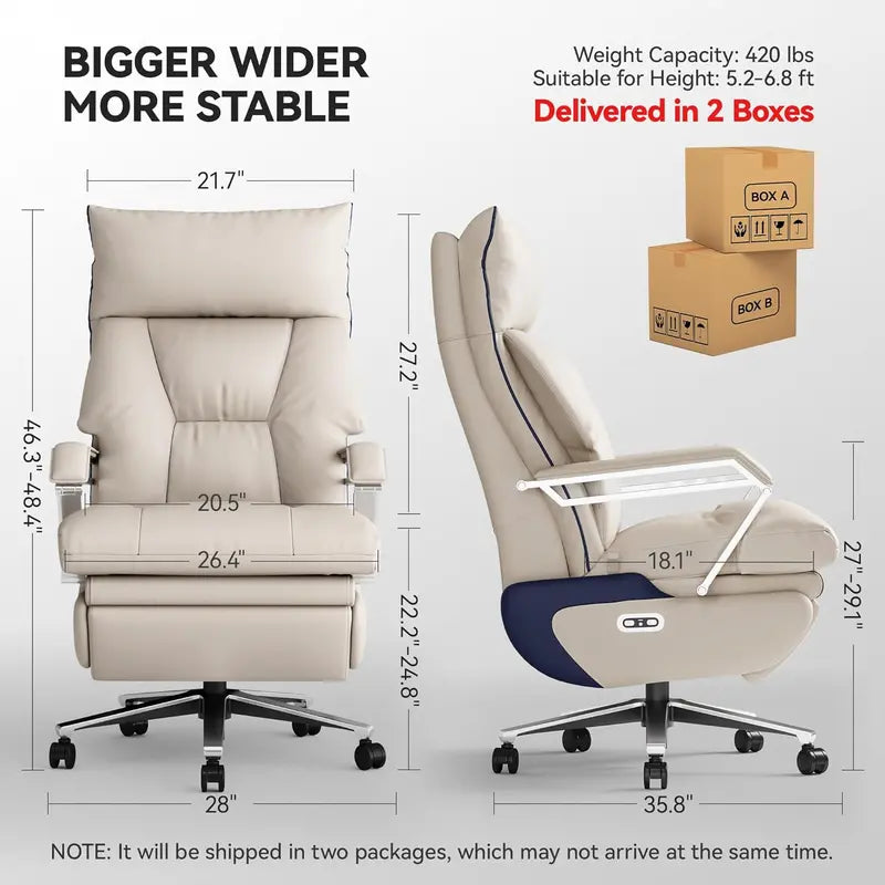 M80 Dual-Motor Executive Office Chair – Big & Tall Recliner with Footrest, Beige Fabric, 420-Lb Capacity