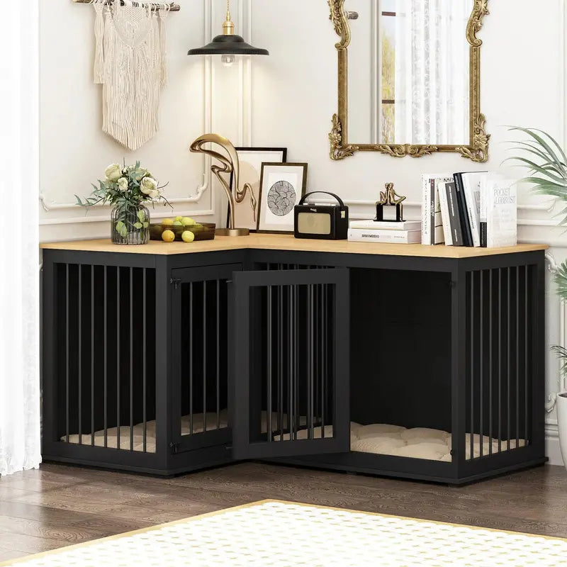 L-Shaped Corner Dog Crate Furniture – Dual-Dog Capacity, 58.7″ x 41.1″, Stylish Enclosed Design
