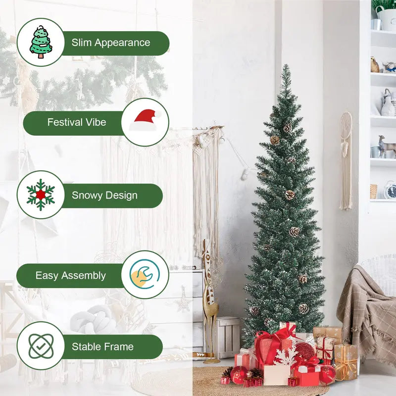 Slim Snow-Flocked Pencil Christmas Tree – Pre-Lit Artificial Tree with Hinged Branches