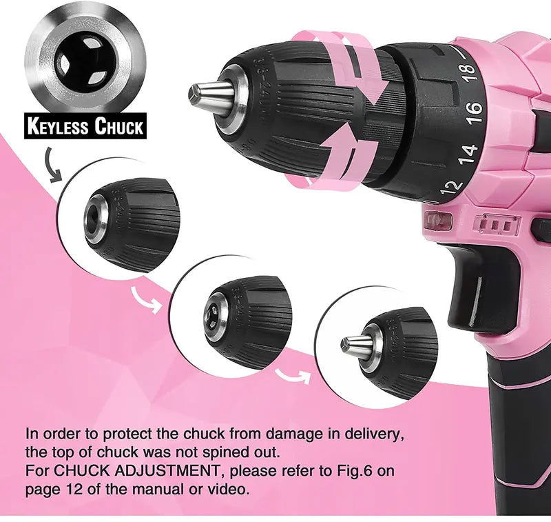 WORKPRO 12V Cordless Drill Kit with 14-Inch Pink Ribbon Tool Bag