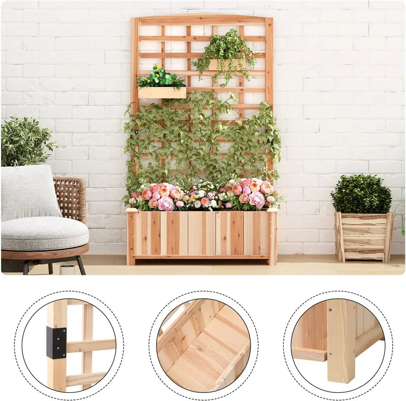 SogesPower Raised Garden Bed with Trellis, Wood Elevated Planter Box with Climbing Trellis, 60″ Tall Freestanding Planter Box for Vine Climbing Plants