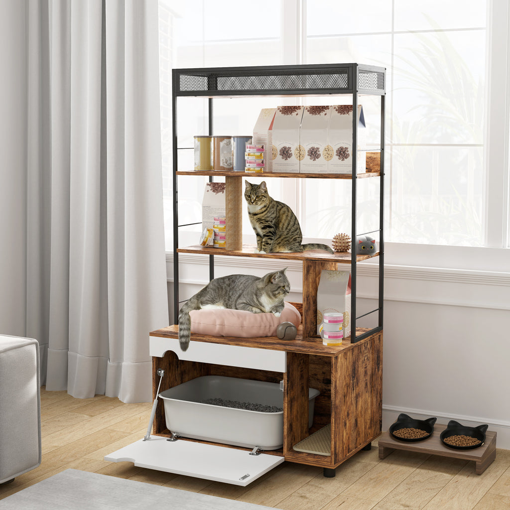 PawHut Katzentoilette mit 3-Ebenen-Regal und Kratzpfosten, geschlossenes Katzenklo, 80 x 48 x 152 cm, Braun
