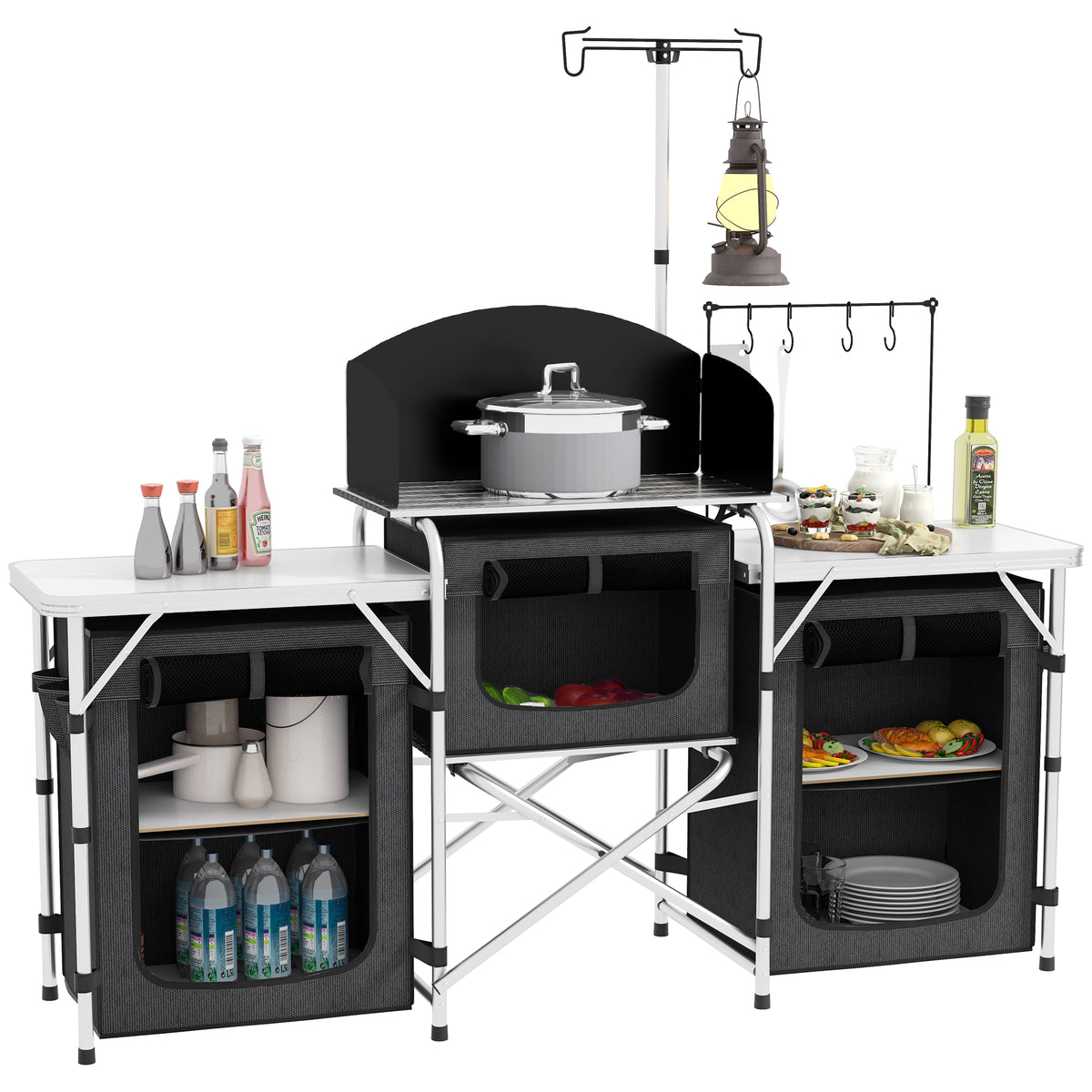 Outsunny Faltbare Campingküche mit 3 Ebenen, 5 Innenregalen und 4 Haken, 172x48x119 cm, Schwarz