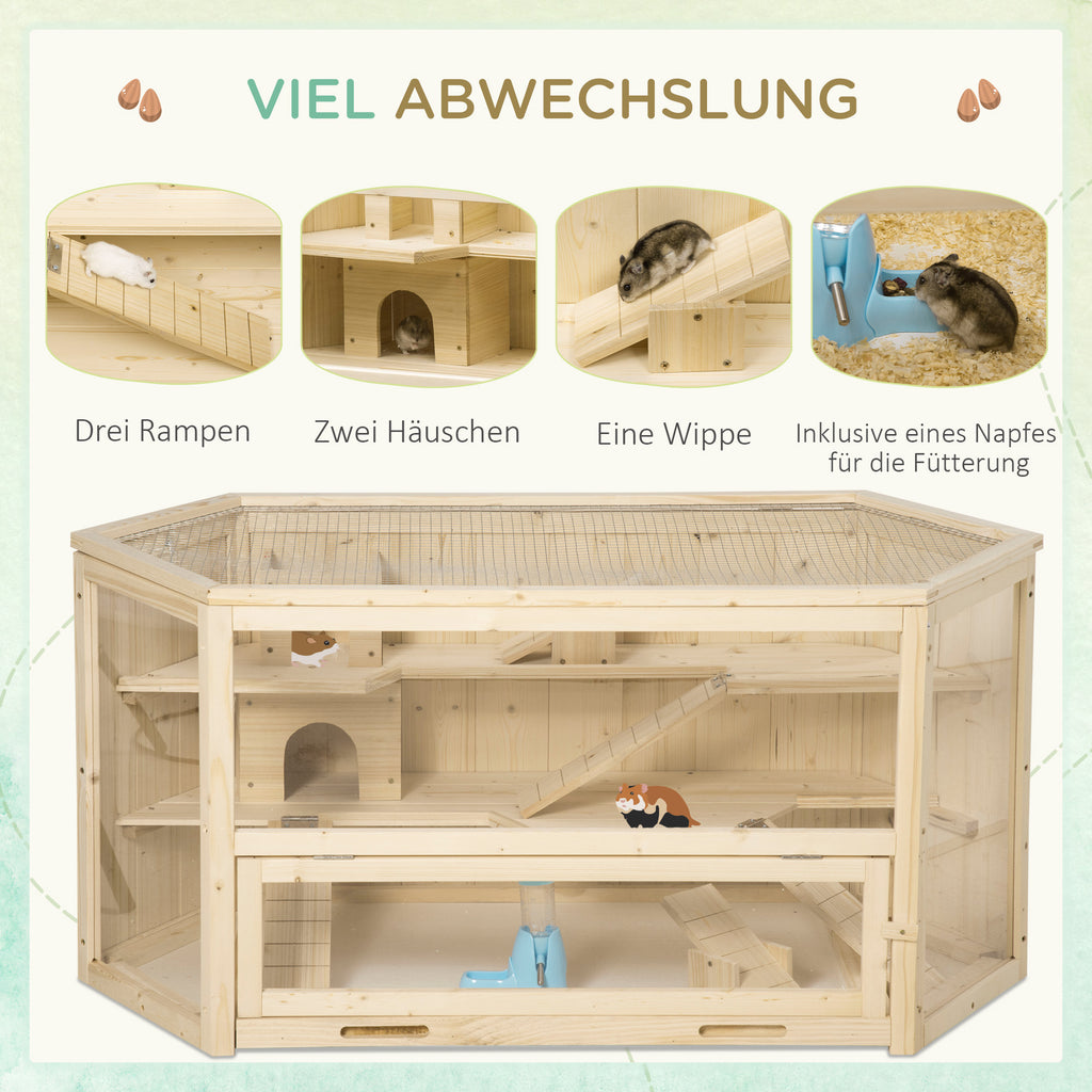 PawHut Kleintierkäfig, Nagerkäfig, Nagerheim mit  1 Rampe, 1 Wippe, herausnehmbare Bodenwanne, Tannenholz, Natur