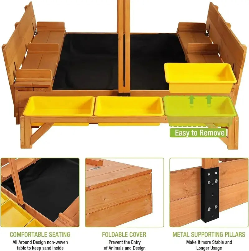 Kids' Wooden Outdoor Sandbox with Retractable Canopy – Includes Foldable Benches & Sand Liner