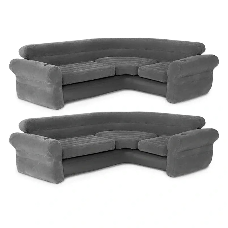 Intex Inflatable L-Shaped Corner Lounge Sofa – Gray, 2-Pack with Built-in Cup Holders