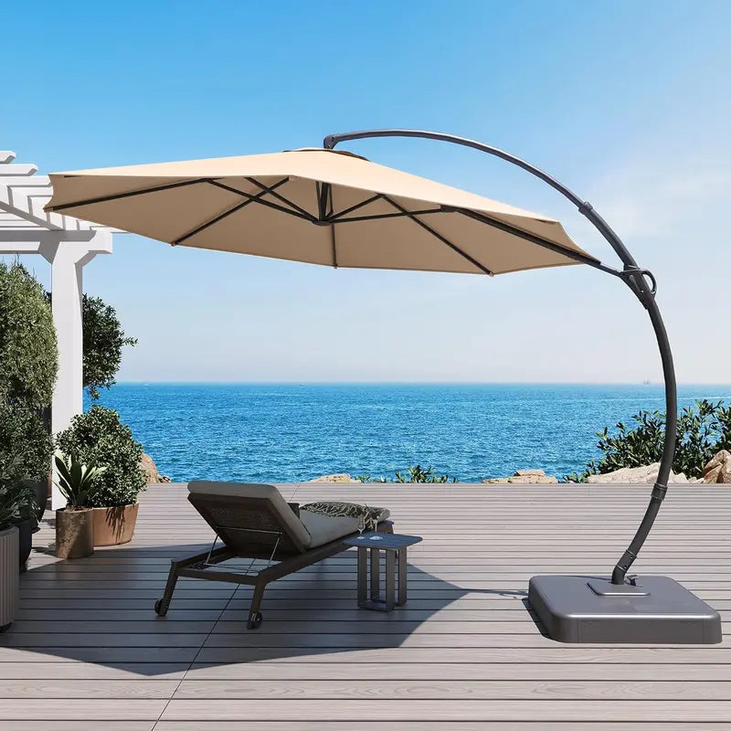 LAUSAINT HOME 11-Foot Cantilever Umbrella — Curvy Offset Design with 360° Rotation, Base Included, Beige Finish