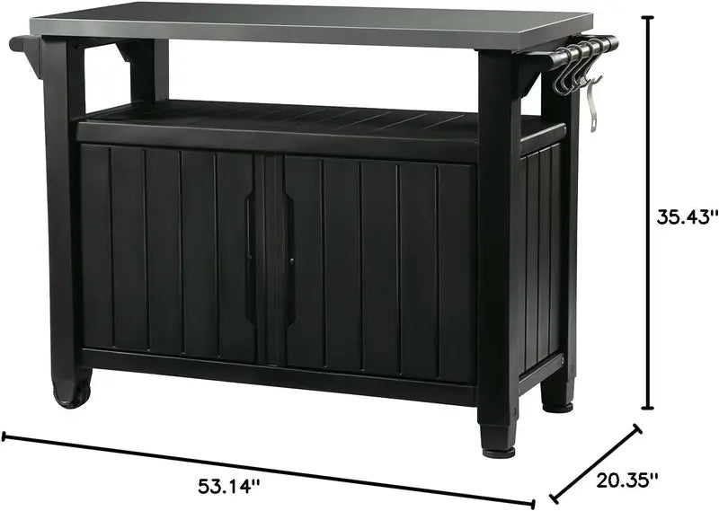 Rolling Outdoor Prep Table Cart – Dark Brown Stainless Steel-Top Utility Cart for Grilling, Bar Service, and Food Storage