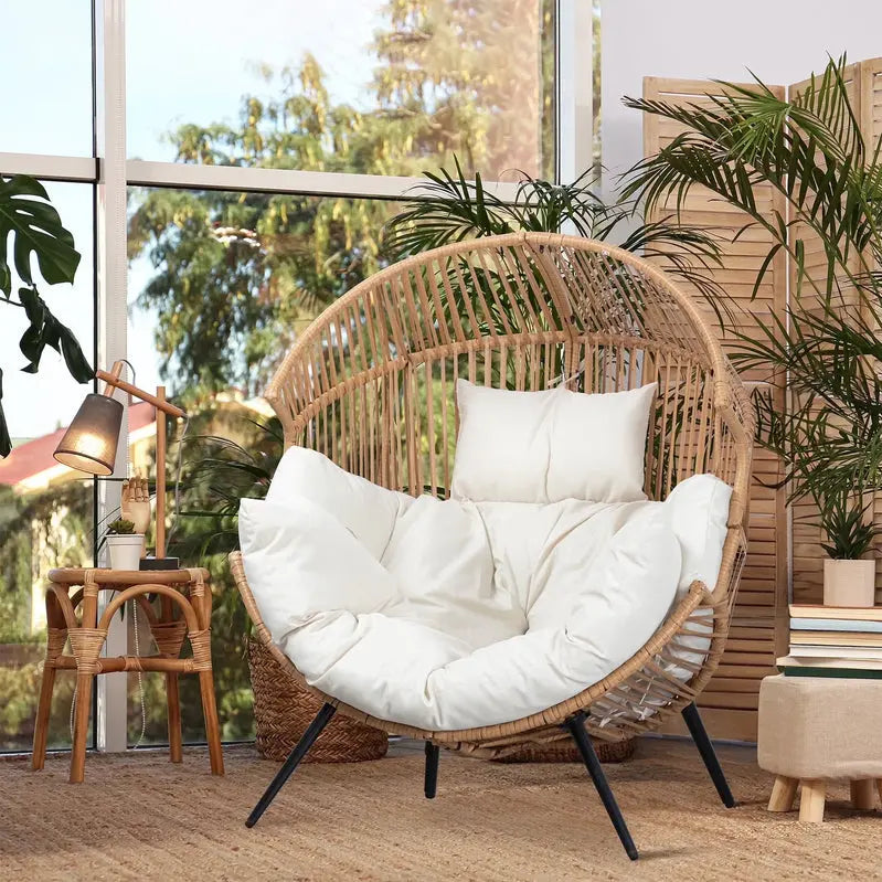 Walsunny Outdoor Egg Chair – Oversized Wicker Patio Lounger with Cushion for Porch, Balcony, or Lawn
