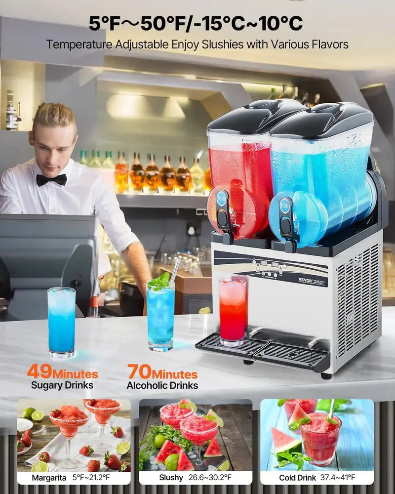 Vevor Dual-Tank Slushy Machine – 15L x 2, 120-Cup Capacity, Stainless Steel Frozen Drink Dispenser for Bars & Events