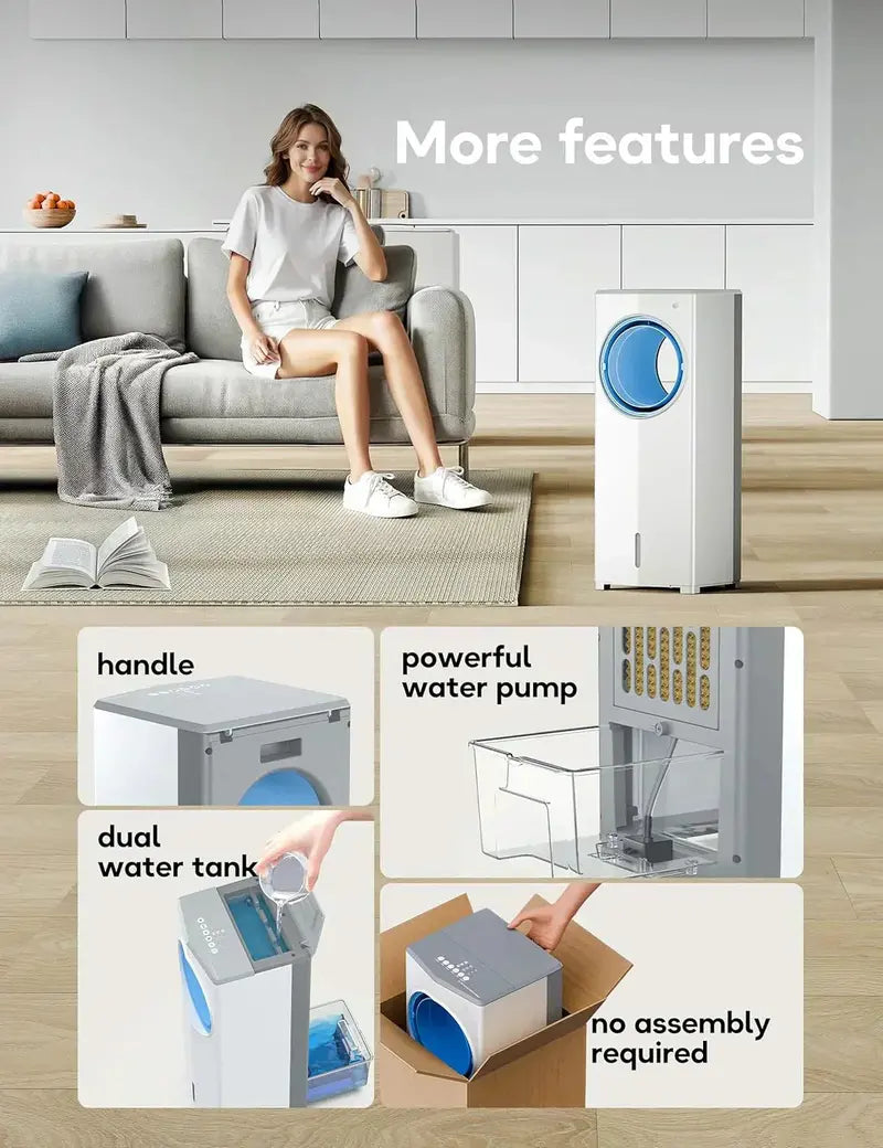 Windowless Evaporative Air Cooler – 26.3-Inch Portable Room Cooler for No-Window Spaces