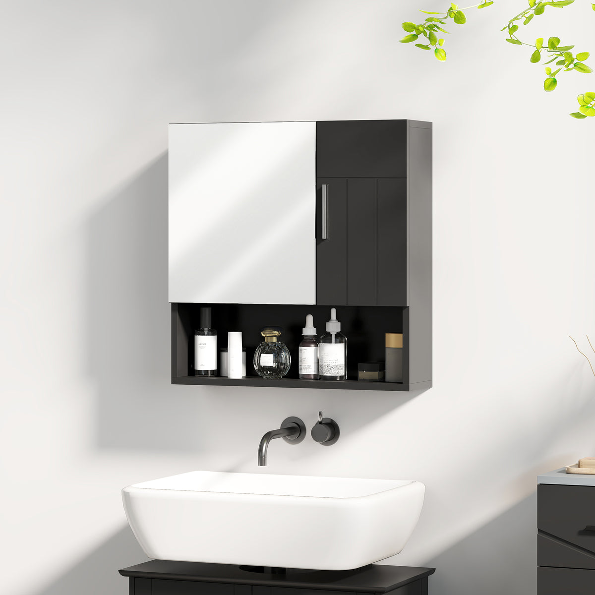 Kleankin Badezimmerschrank mit verstellbaren Regalen und offenem Regal, 54x15,2x55,3 cm, Schwarz