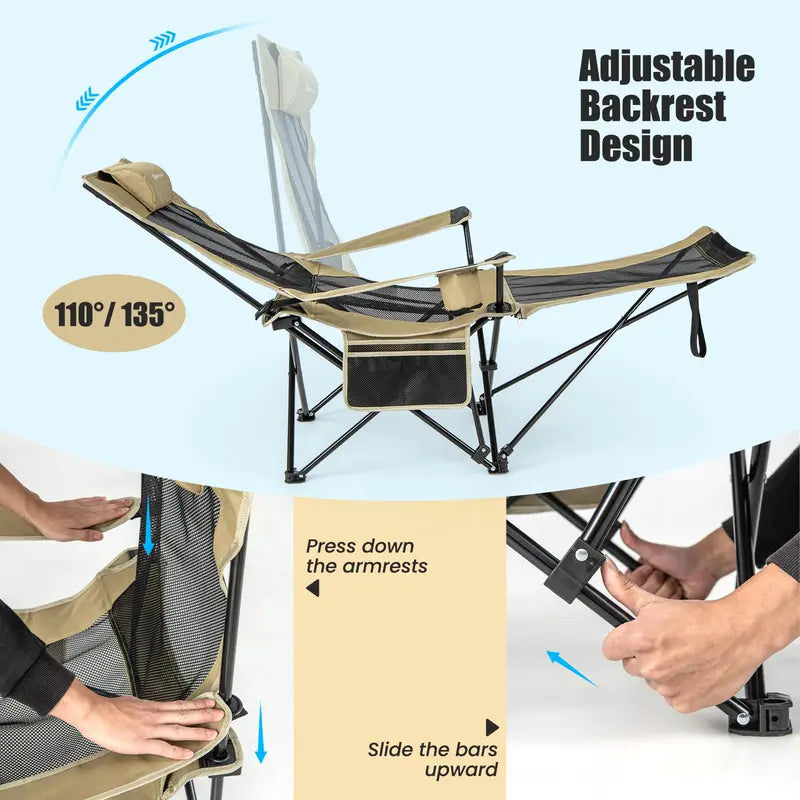 Reclining Camping Lounge Chair with Adjustable Backrest & Integrated Footrest for Outdoor Comfort