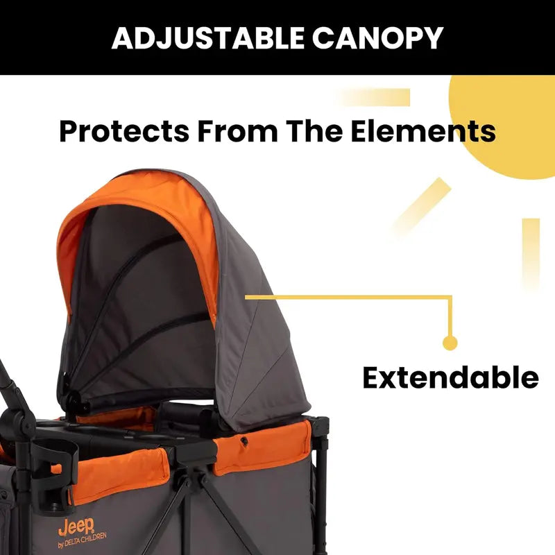 Jeep Sport All-Terrain Stroller Wagon – Delta Children Model with Canopy, Parent Organizer, Snack Tray, Cup Holders & Height-Adjustable Handlebar, Grey/Olive Green