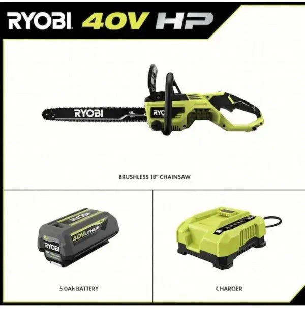 RYOBI 18″ 40V Cordless Chainsaw Kit – Includes Battery and Charger, Lightweight Green Design for Efficient Branch Cutting