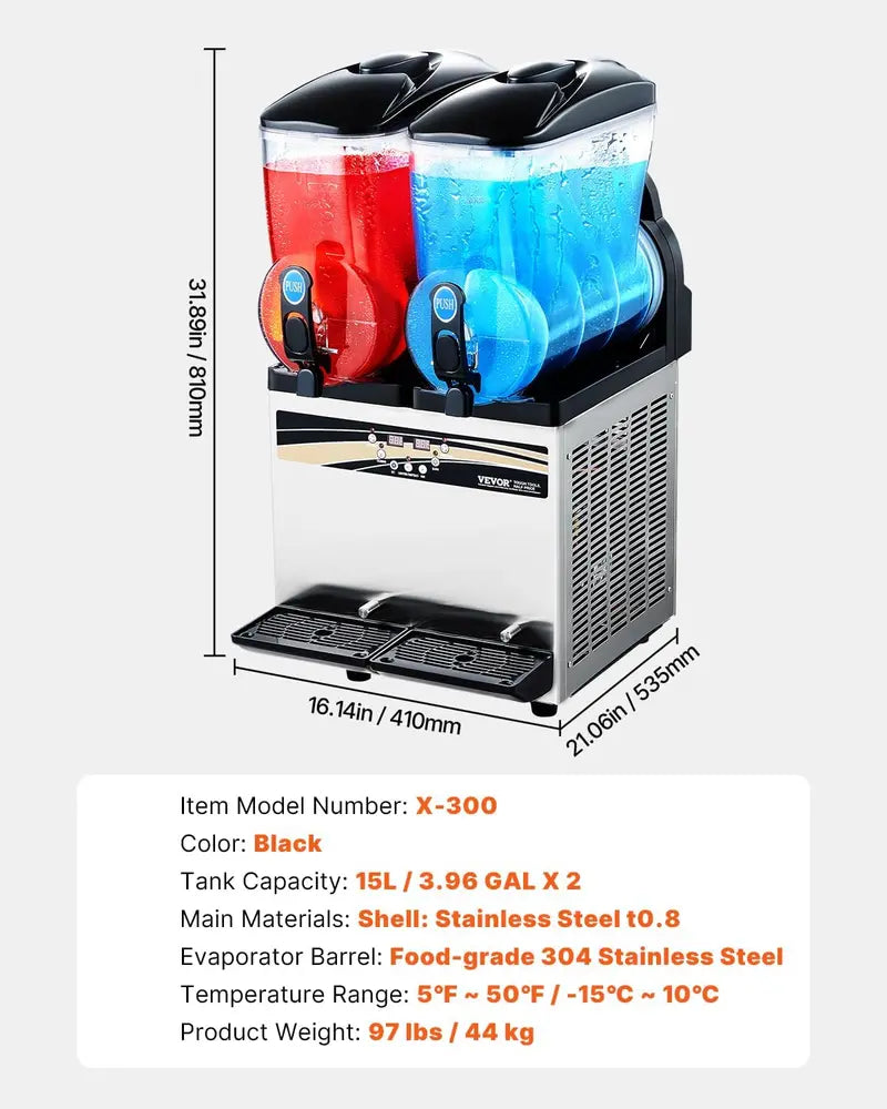 Vevor Dual-Tank Slushy Machine – 15L x 2, 120-Cup Capacity, Stainless Steel Frozen Drink Dispenser for Bars & Events