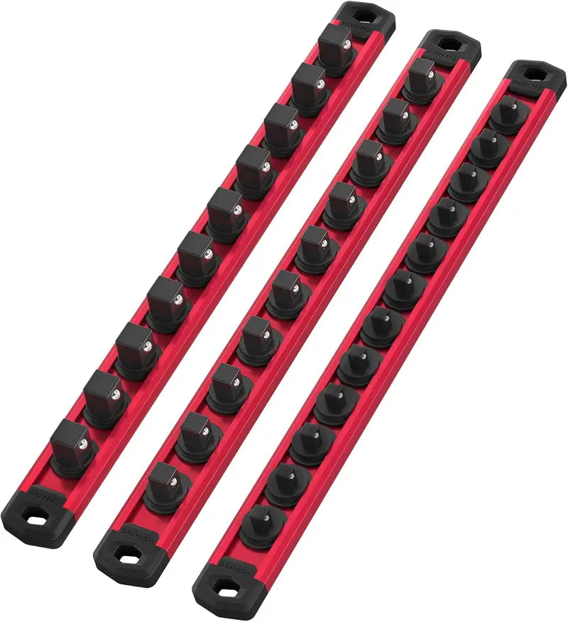 WORKPRO Aluminum Magnetic Socket Organizer – 3-Piece Set for 1/4″, 3/8″, and 1/2″ Sockets
