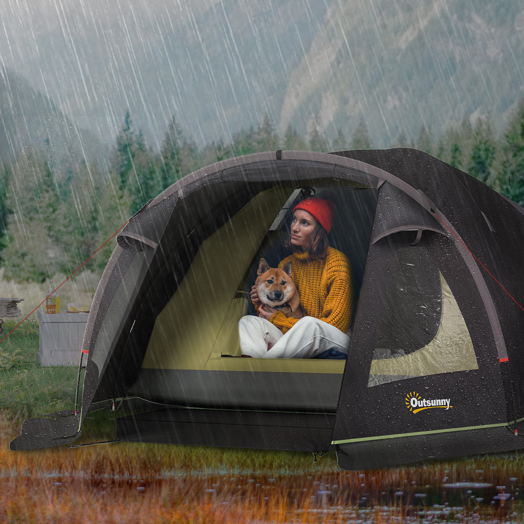 Outsunny Tunnelzelt für 2-4 Personen mit Seitlichen Fenstern und Haken, aus 190T Polyester und PE, 3.3x1.9x1.2 m, Schwarz